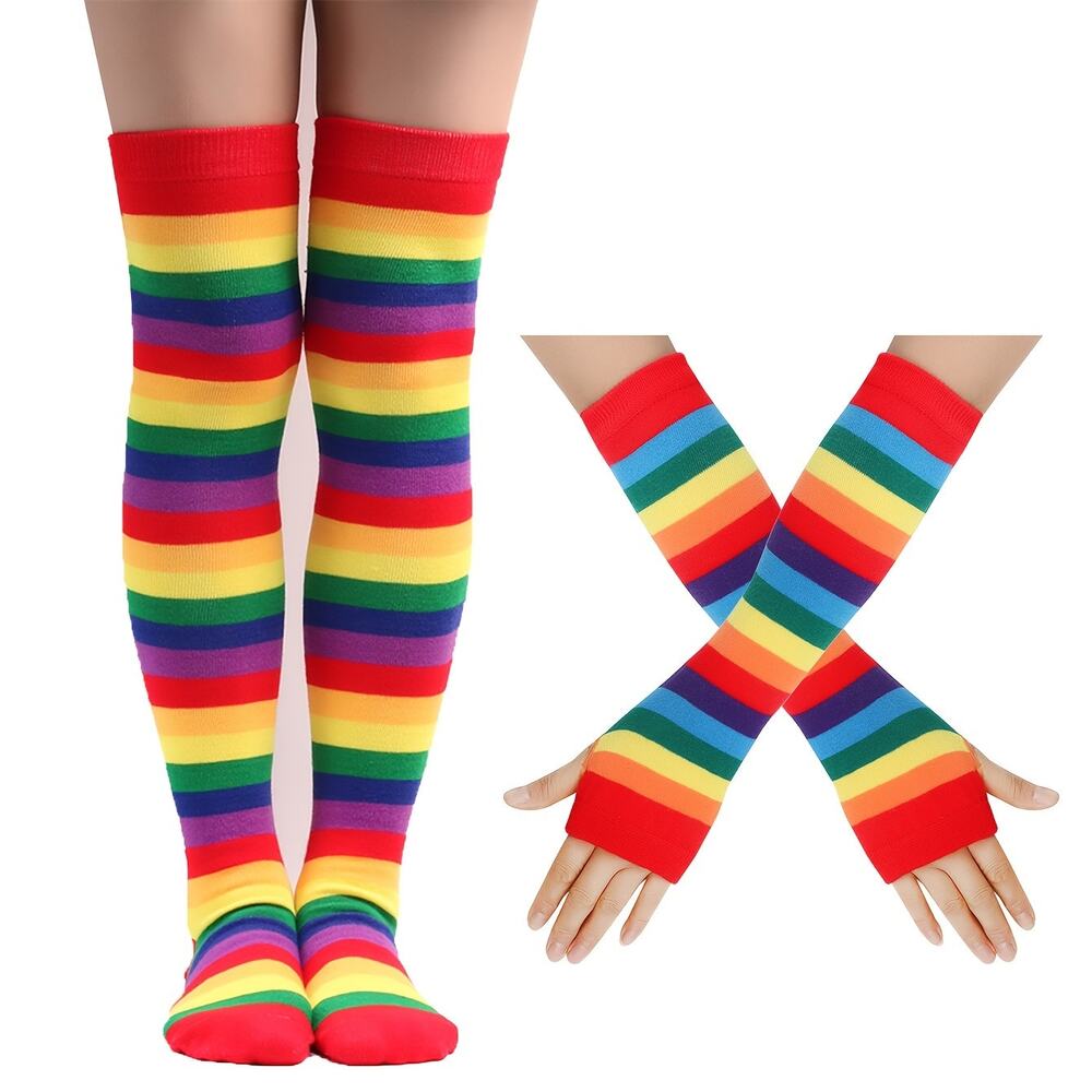 2 PC Striped Rainbow Long Socks Over Knee with Striped Gloves Set Thigh High